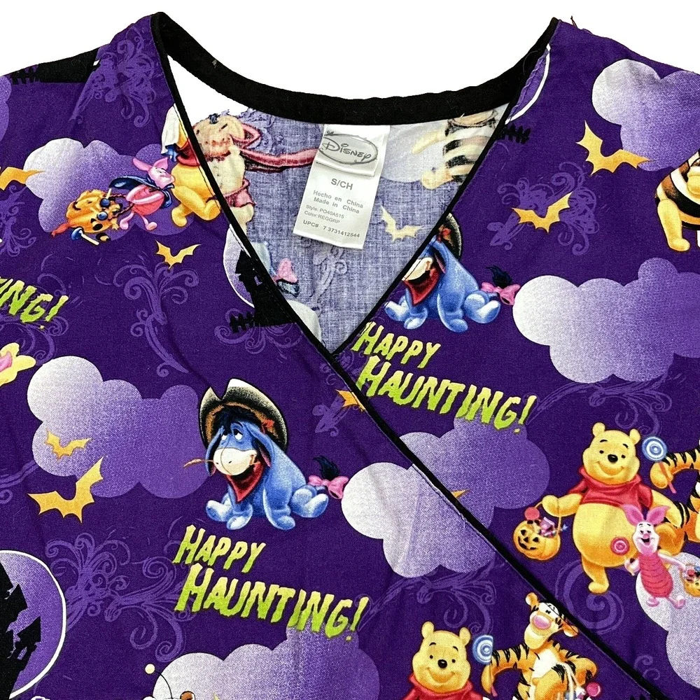 Disney Scrub Top Small Purple Pooh‎ Bear Eeyore Halloween Happy Haunting
